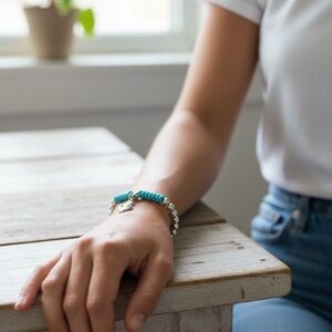 Turquoise & Silver Beaded Stretch Bracelet | Cactus Charm | Boho Western #46